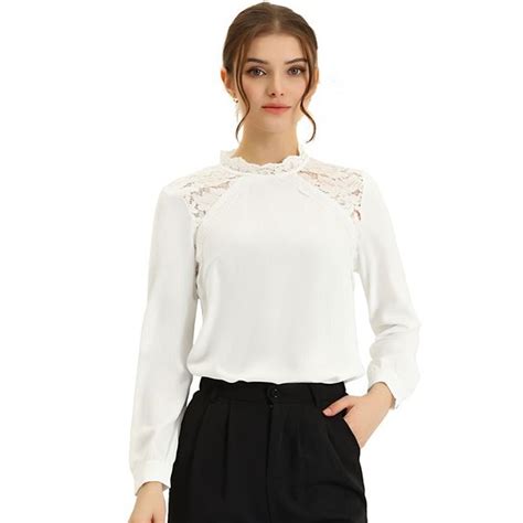 Womens Elegant Stand Collar Long Sleeve Lace Panel Blouse Top