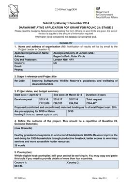 Fillable Online Darwin Initiative Application For Grant For Round