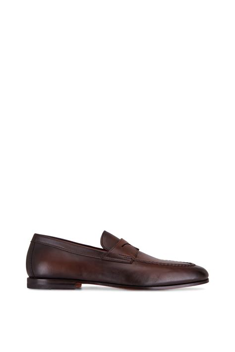 Santoni Door Dark Brown Leather Penny Loafer Mitchell Stores