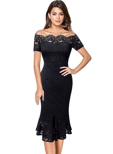 Vfshow Women Elegant Off Shoulder Black Floral Lace Cocktail Party Mermaid Midi Mid Calf Dress