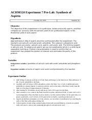 Achm Exp Pre Lab Docx Achm Experiment Pre Lab Synthesis