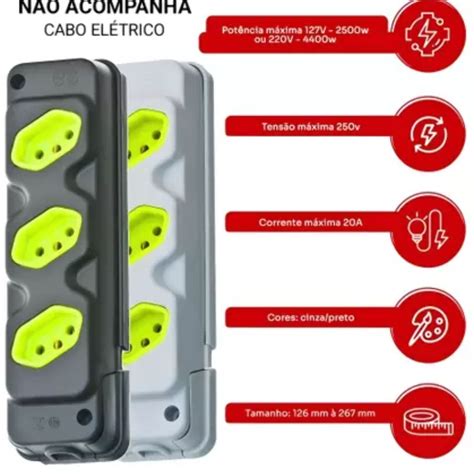 Tomada Barra Tripla Preta 2p T 20a Fiolux Luxtil