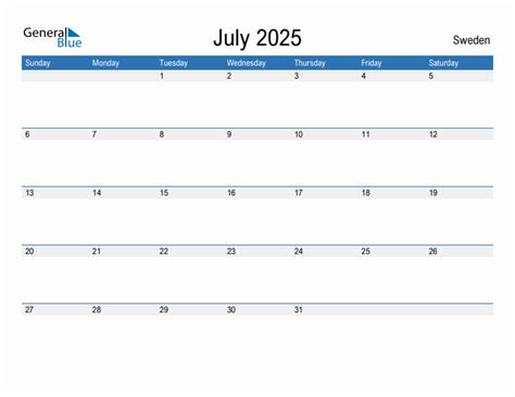 Editable July 2025 Calendar with Sweden Holidays