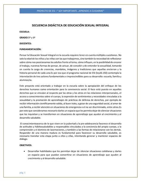 Proyecto De Educación Sexual Integral 5to Y 6t0 2 Secuencia DidÁctica De EducaciÓn Sexual