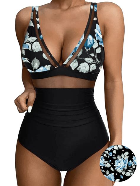 Beranmey Floral Print High Waisted One Piece Swimsuit Mesh Detail