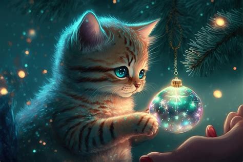 Premium AI Image | A cute kitten is playing with a Christmas ornament