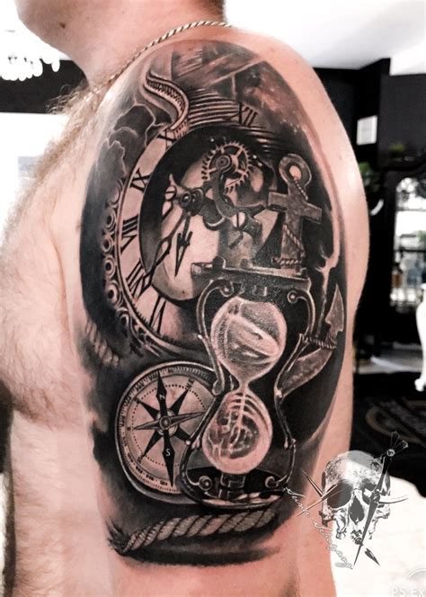 Antique Pocket Watch And Compass Realistic Tattoo Artist Done By Sunu