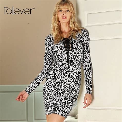 Women Sexy Leopard Print Dress Long Sleeve Deep V Neck Bandage Bodycon