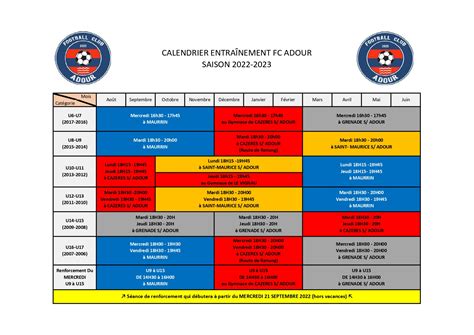 Planning Entra Nement Club Football Football Club Adour Footeo