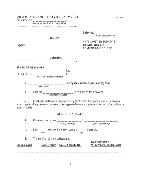 New York Affidavit In Support Of Motion For Temporary Relief Fill Out