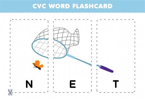 귀여운 만화 Net 그림 인쇄 가능한 플래시 카드와 함께 자음 모음 자음 단어를 배우는 어린이를위한 교육 게임 프리미엄 벡터
