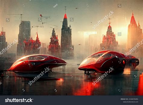 Red Flying Car Futuristic City On Stock Illustration 2194076491