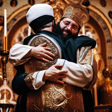 Orthodox Church Religious Men Hugging Friendly