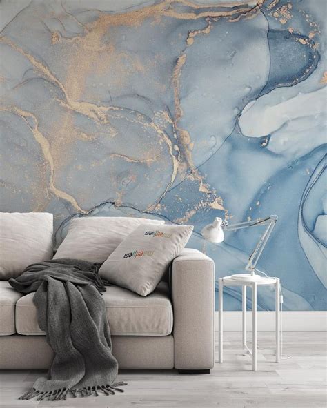 Marble Texture Abstract Blue Golden Look Acrylic Paints Wallpaper Self