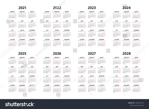 Calendar 2021 2022 2023 2024 2025 库存矢量图（免版税）1849381327 Shutterstock