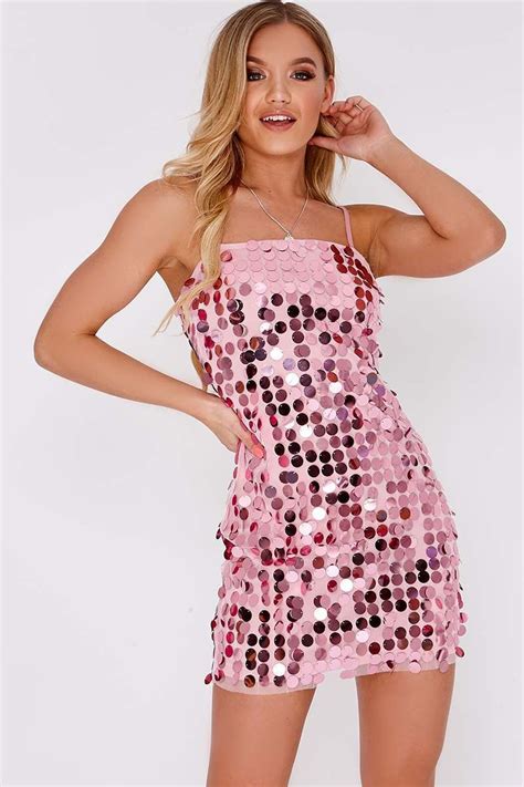 ELENEE PINK SEQUIN STRAPPY MINI DRESS Disco Party Outfit Disco Dress