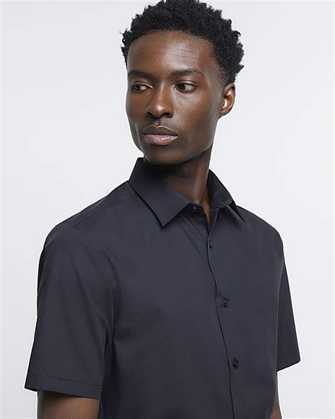 Black slim fit short sleeve shirt | River Island