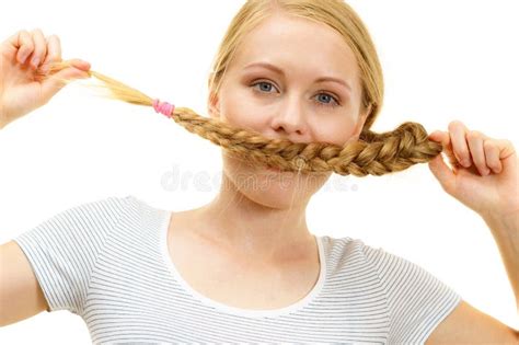 Blonde Girl Covering Her Mouth With Braid Hair Stock Photo Image Of Breath Blonde