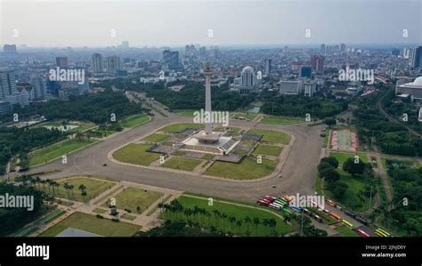 Aerial Landscape Front View Shot Of Taman Monas National Monument Park