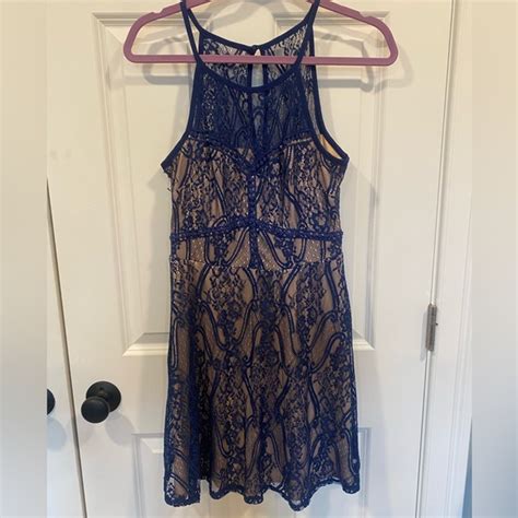 Francesca S Collections Dresses Navy Blue Lace Dress With Nude Underlay Poshmark