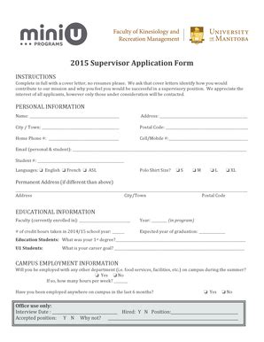 Fillable Online Umanitoba Supervisor Bapplicationb Form