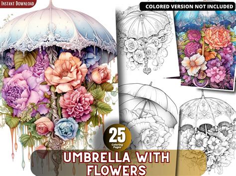 Umbrella With Flowers Coloring Pages for Adults and for Kids Grayscale ...