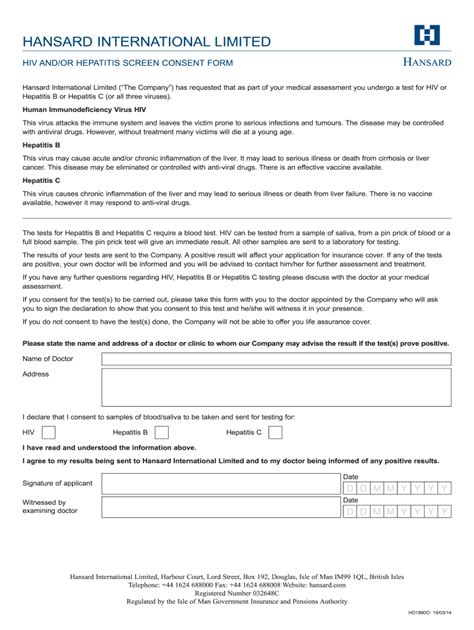 Hiv Andor Hepatitis Screen Consent Form To Be Completed When Undertaking A Test For Hiv