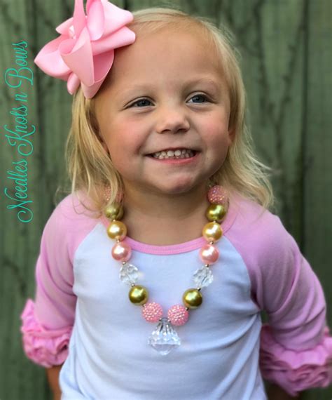 Girls Pink And Gold Chunky Bead Bubblegum Necklace With Clear Pendant