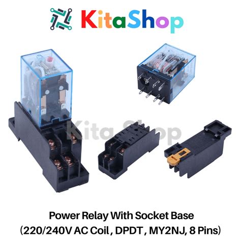 Power Relay With Socket Base 220 240V AC Coil DPDT MY2NJ 8 Pins