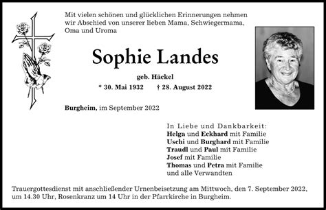 Traueranzeigen Von Sophie Landes Augsburger Allgemeine Zeitung