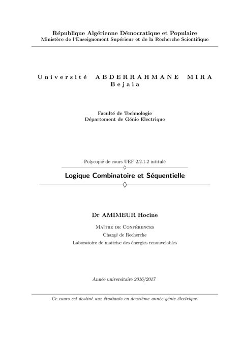 Cours Logique Combinatoire et Séquentielle R epublique Alg erienne