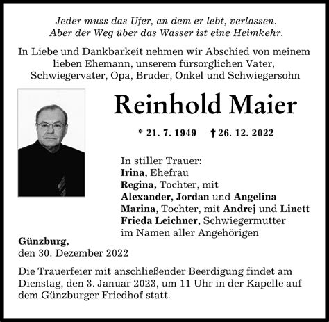 Traueranzeigen Von Reinhold Maier Augsburger Allgemeine Zeitung