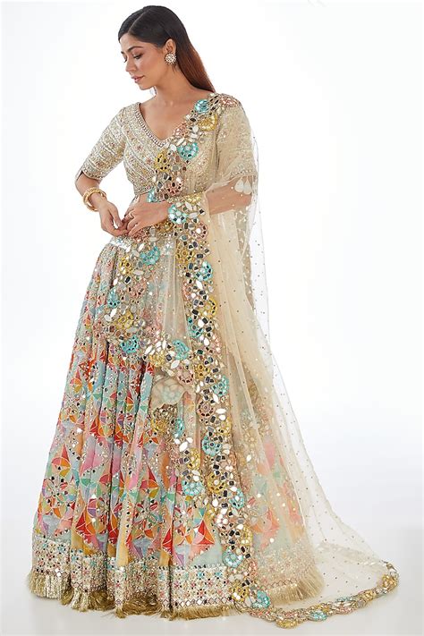 Multi Colored Raw Silk Sequins And Moti Embroidered Bridal Lehenga Set By Abhinav Mishra At Pernia