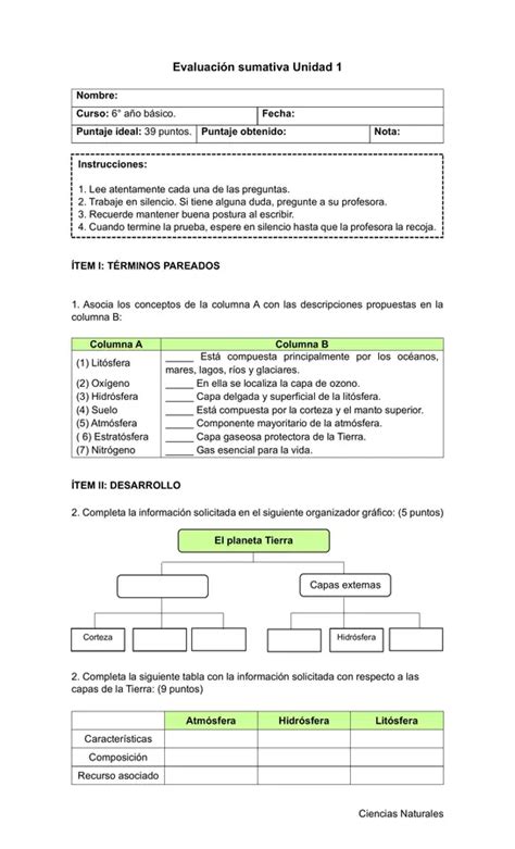 Evaluación Sumativa Unidad 1 Ciencias Naturales Profe Social