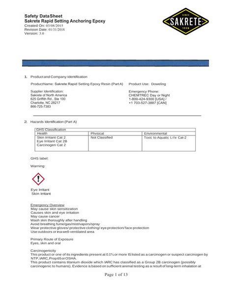 PDF Safety DataSheet Sakrete Rapid Setting Anchoring Epoxy DOKUMEN TIPS