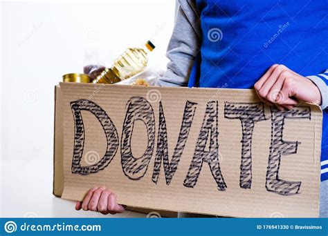 Homeless Poor Man Holding Carton Board with Word Food DONATE Stock ...