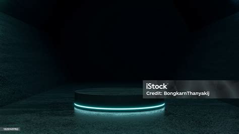 Adegan Mock Up Gelap Kreatif Dengan Podium Desain Scifi Futuristik Neon