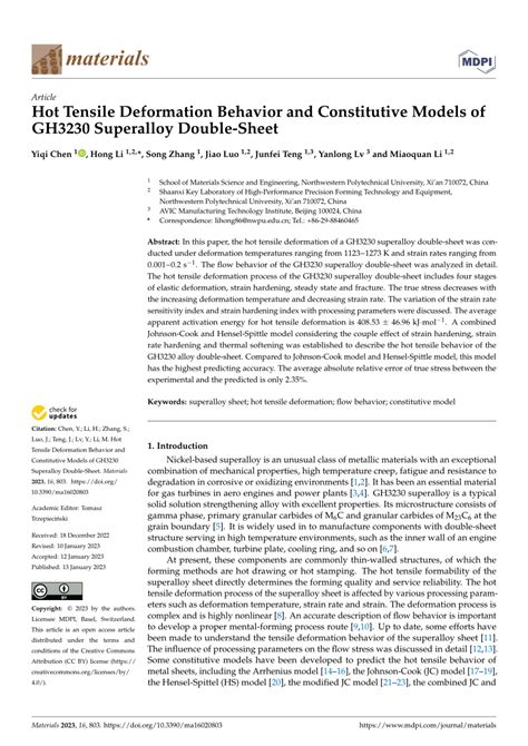 PDF Hot Tensile Deformation Behavior And Constitutive Models Of GH3230 Superalloy Double Sheet