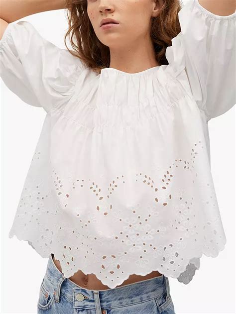 Mango Openwork Detail Puffed Sleeve Cotton Blouse Puffed Sleeve