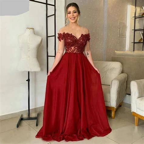 Red Chiffon V Neck Off The Shoulder Sweetheart Applique Prom Dresses A Line Backless Evening