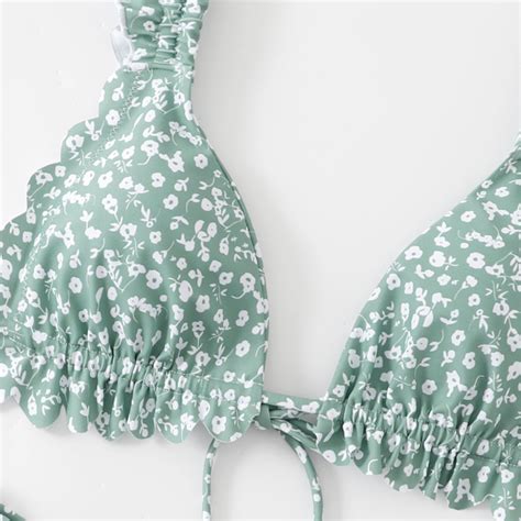 Set đồ bơi nữ Bikini 2 mảnh Bradina Floral hoa nhí nhún bèo nữ tính BKN14 Hoa nhí xanh