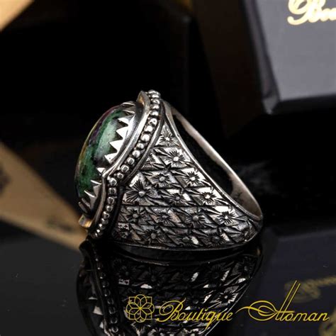 Ruby Zoisite Oval Hand Engraved Silver Ring Boutique Ottoman Exclusive