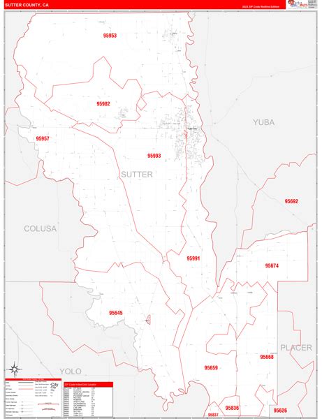 Sutter County CA Zip Code Wall Map Red Line Style By MarketMAPS MapSales