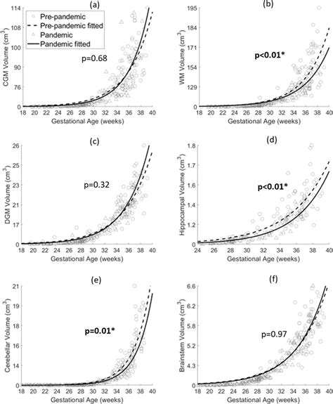 Scatter Plots With Exponential Fits Of Brain Tissue Volumes Vs