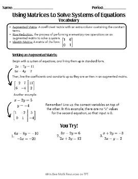 Using Matrices To Solve Systems Of Equations Guided Notes TPT