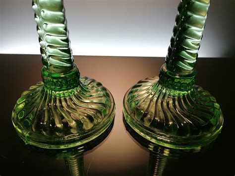 Green Art Deco Glass Candlesticks Durover Etsy