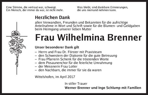 Traueranzeigen Von Wilhelmina Brenner Trauer Flz De