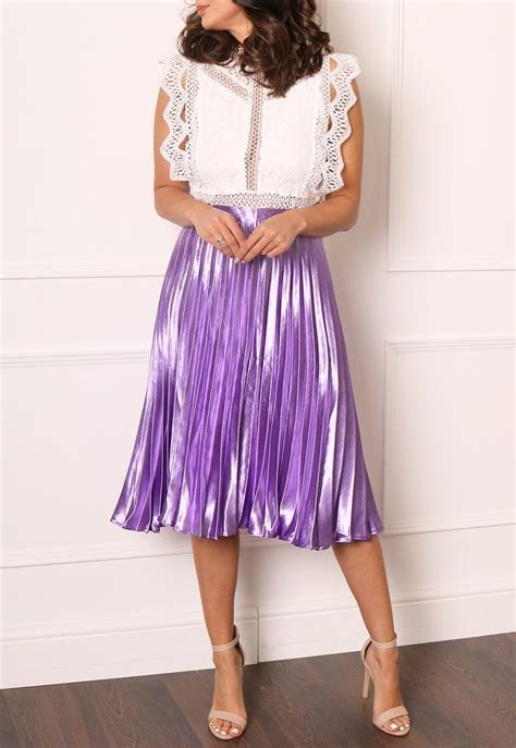 Metallic Satin Pleated High Waisted Midi Skirt In Lilac Midi Skirt