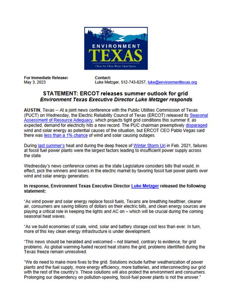 Statement ERCOT Releases Summer Outlook For Grid Environment Texas