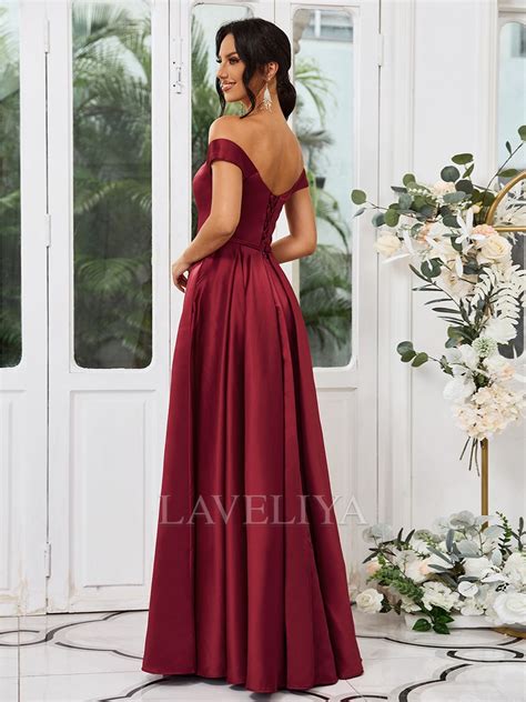 A Line Off The Shoulder Floor Length Satin Bridesmaid Dress Laveliya